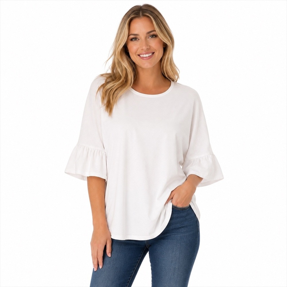 Roamans White Cotton Ruffle Bell Sleeve T-Shirt Top Plus Size 2X 26/28